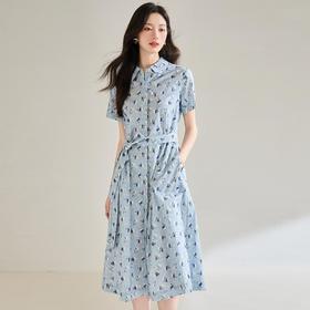 「高货sh」全新升级【铂金会员266/天猫359/差价93】(11140)洛诗琳夏季新款抗皱全棉印花蓝色帆船圆领长款连衣裙