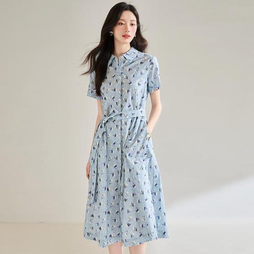 「高货sh」全新升级【铂金会员266/天猫359/差价93】(11140)洛诗琳夏季新款抗皱全棉印花蓝色帆船圆领长款连衣裙 商品图0