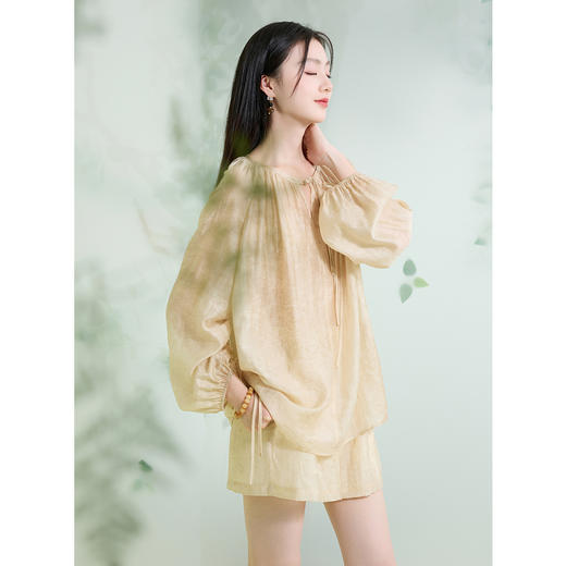 三彩【玉影流光】2025夏季新款新中式小衫莱赛尔盘扣灯笼袖上衣C 商品图2