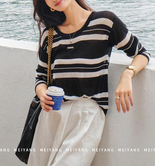 美洋黑白乐谱针织衫68支兰精天丝条纹防晒罩衫 商品图0