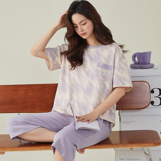 雀说100%纯棉睡衣女夏季新款短袖七分裤套装休闲时尚宽松家居服可外穿ALN1118 商品图6