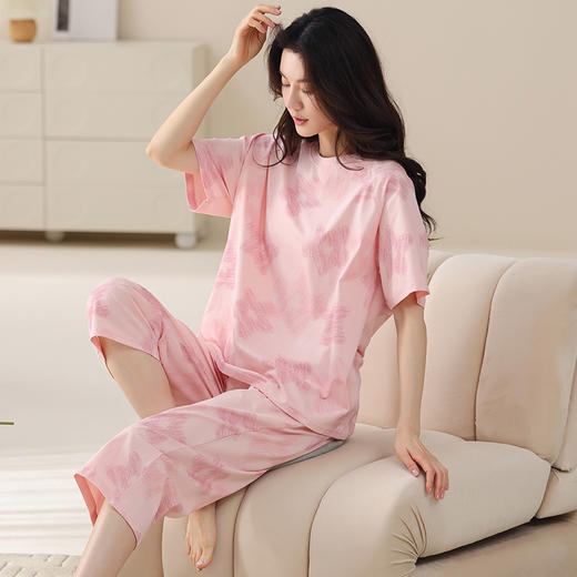 雀说100%纯棉睡衣女夏季新款短袖七分裤套装休闲时尚宽松家居服可外穿ALN1118 商品图2