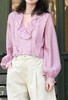 TYNVIE 荷叶边领子气球袖裹身短款衬衫-粉色格纹 商品缩略图8