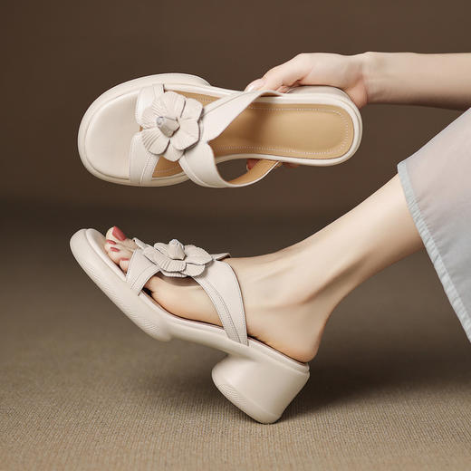 【预售5天】超轻超软绝美露趾拖鞋女夏外穿真皮粗跟厚底高跟透气凉拖鞋ZYY&A1252 商品图3