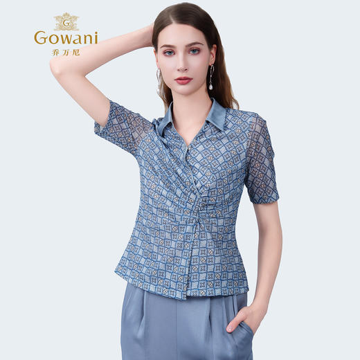 乔万尼2025夏季新品弹力印花V领短袖衬衫上衣ED2C430 商品图1