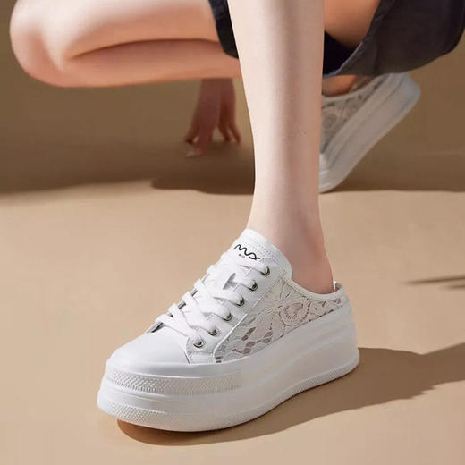 「K」洛诗琳43350后空蕾丝板鞋2025夏季厚底休闲半拖小白鞋038 商品图3