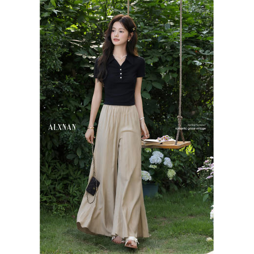 鹿向南「雅致书笺」黑色法式气质polo领短袖T恤女夏正肩修身上衣 商品图2