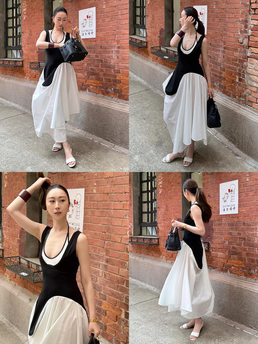 HIDEMI极简不对称立裁设计感花苞式黑白撞色背心连衣裙长裙 商品图2