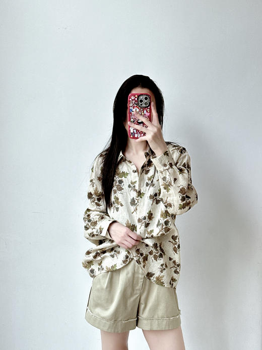 复古文艺印花亚麻衬衫 商品图1
