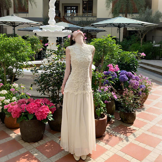 西遇拼接网纱连衣裙女2025年夏季新款收腰刺绣新中式改良旗袍裙SS050832/SS050833 商品图3