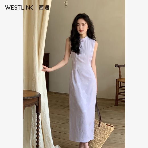 西遇新中式无袖连衣裙女新款淡紫色复古提花收腰旗袍长裙SS150113 商品图0