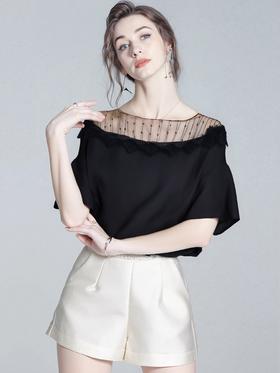 超值购【诗铭洛可】6363 短袖肌理蕾丝网纱拼接喇叭袖上衣A3-3