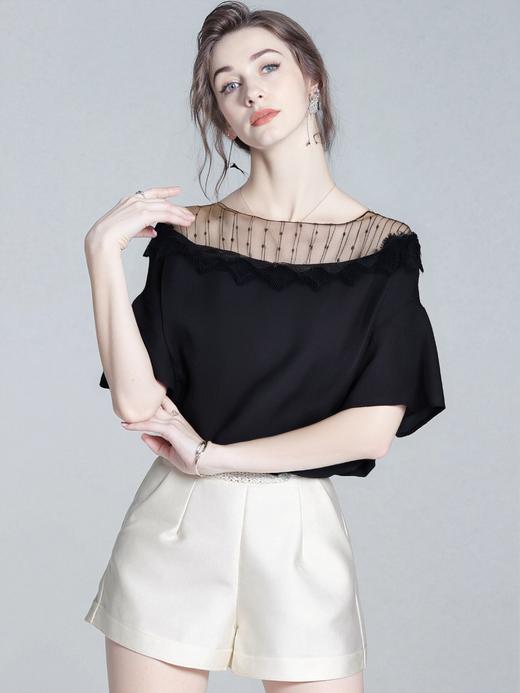 超值购【诗铭洛可】6363 短袖肌理蕾丝网纱拼接喇叭袖上衣A3-3 商品图0