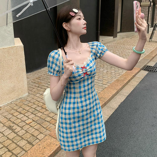西遇格子泡泡袖连衣裙女夏季新款蝴蝶结蕾丝拼接法式收腰裙子SS050828/SS050829 商品图2