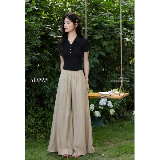 鹿向南「雅致书笺」黑色法式气质polo领短袖T恤女夏正肩修身上衣 商品图1