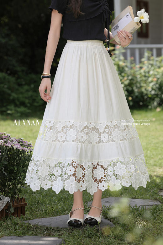 鹿向南「松香知茉」法式米杏色蕾丝拼接半身裙夏季女时尚优雅长裙L557126 商品图4