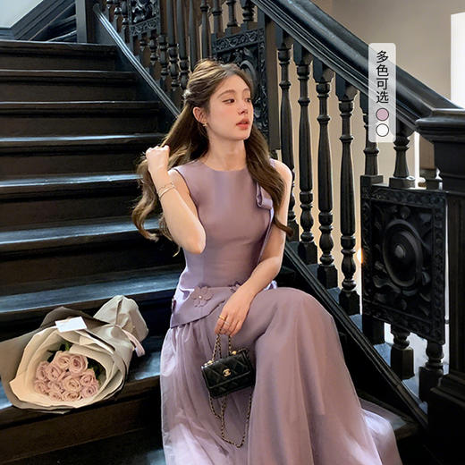 西遇拼接网纱连衣裙女夏季新款立体花朵收腰圆领无袖仙女裙SS050834 商品图0