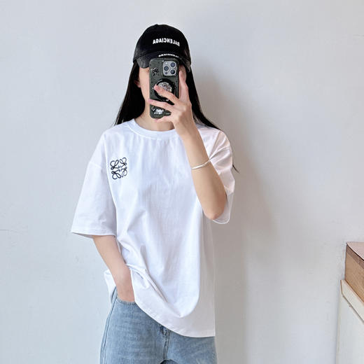 口袋短袖刺绣字母宽松休闲圆领情侣款T恤打底体恤衫 商品图0