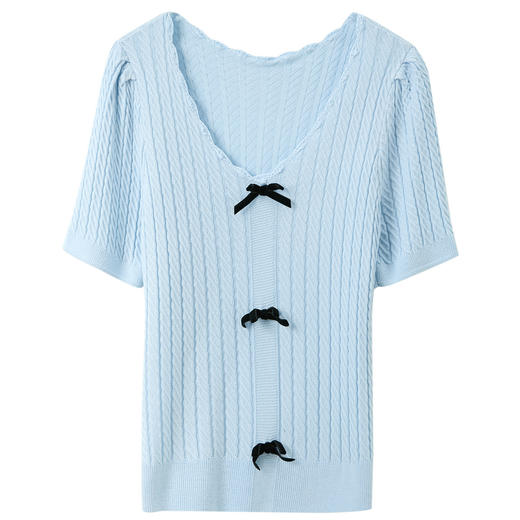 三彩2025夏季新款休闲蝴蝶结针织衫V领短袖小衫套头衫短款M 商品图4