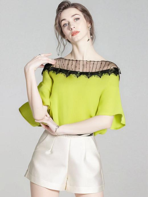 超值购【诗铭洛可】6363 短袖肌理蕾丝网纱拼接喇叭袖上衣A3-3 商品图2