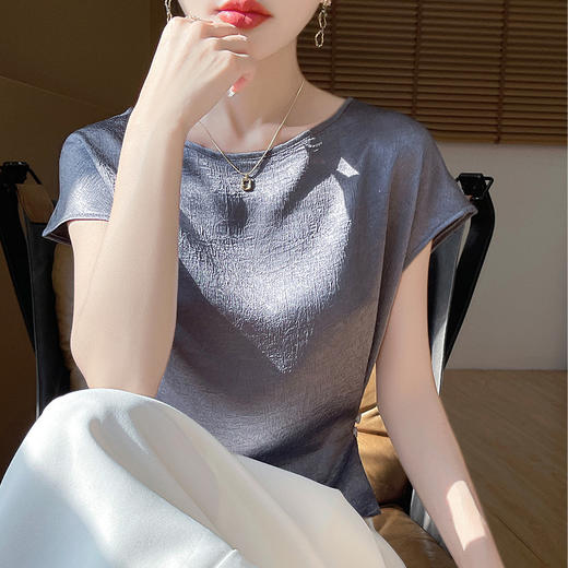 雀说丝绸缎面夏季女装新款肌理感上衣时尚百搭圆领修身气质T恤短袖ALR-M37 商品图2