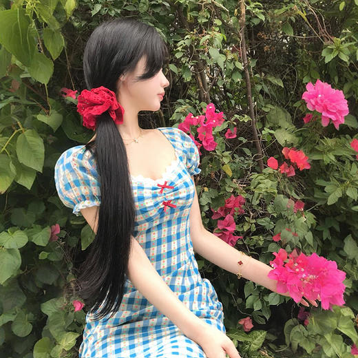 西遇格子泡泡袖连衣裙女夏季新款蝴蝶结蕾丝拼接法式收腰裙子SS050828/SS050829 商品图3