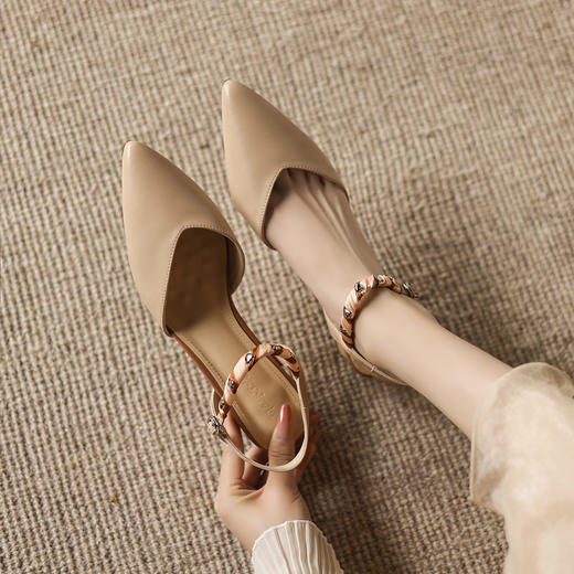 阿么手工女鞋一字带真皮凉鞋夏粗跟2025新款丝带尖头中跟鞋女4CM 商品图4