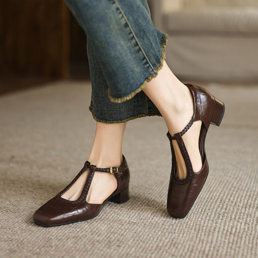 阿么手工女鞋方头编织凉鞋粗跟3CM2025夏季新款浅口复古玛丽珍鞋 商品图1