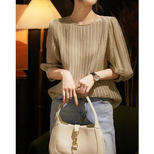 丁摩高端气质百褶真丝衬衫女式短袖衬衣衣服夏季新款休闲上衣AL3079 商品图1