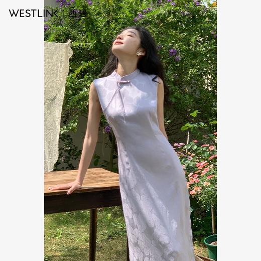西遇新中式无袖连衣裙女新款淡紫色复古提花收腰旗袍长裙SS150113 商品图4