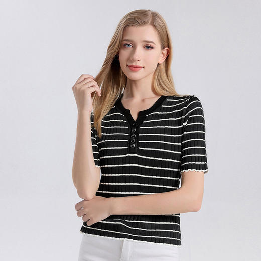 丁摩桑蚕丝条纹短袖T恤女士新款夏季百搭显瘦真丝针织打底衫上衣AL25032 商品图1