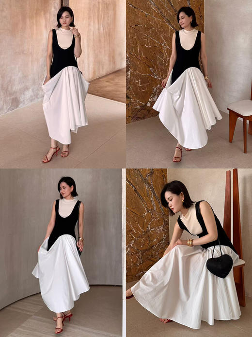 HIDEMI极简不对称立裁设计感花苞式黑白撞色背心连衣裙长裙 商品图3