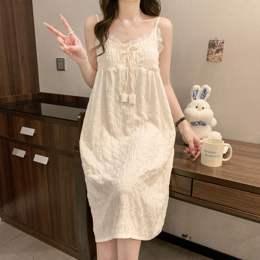【夏季薄款吊带睡裙】V领蕾丝花边云朵棉纯色少女甜美睡裙中长款家居裙。ry 商品图6