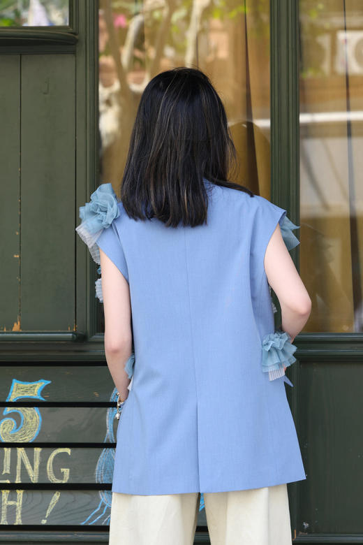 TYNVIE 分层荷叶边挺括无袖马甲西装外套-蓝色 商品图11