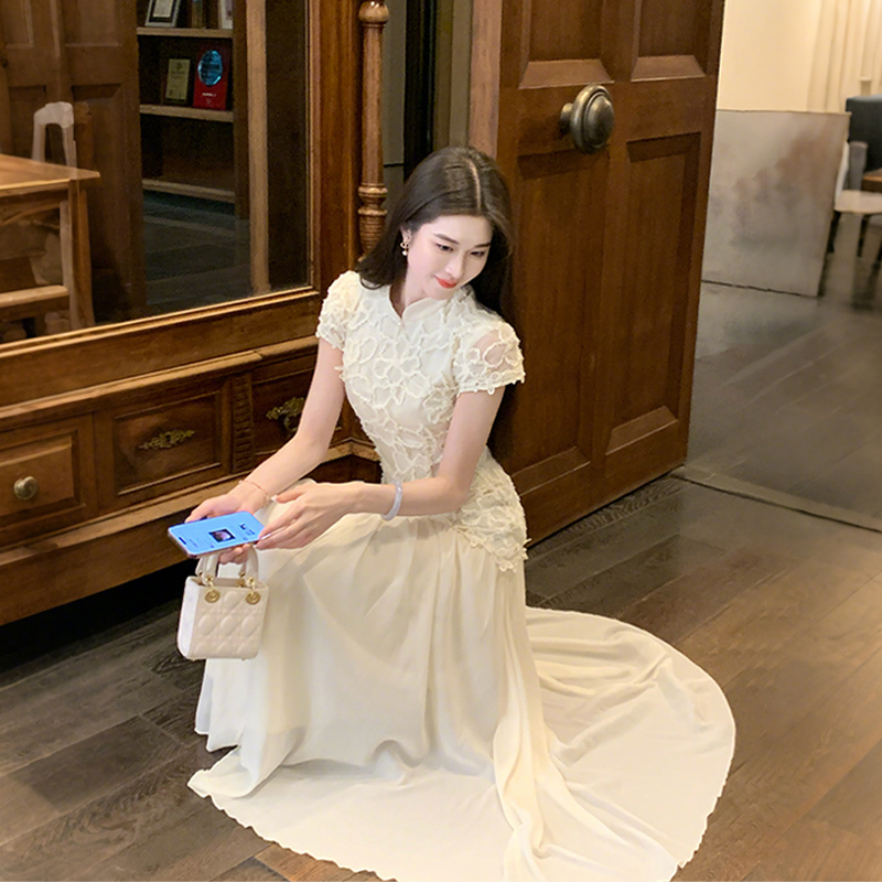 西遇拼接网纱连衣裙女2025年夏季新款收腰刺绣新中式改良旗袍裙SS050832/SS050833