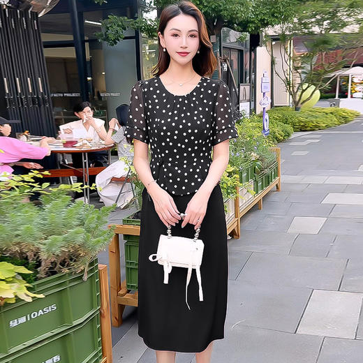 QYMXYKL-SD2536-L时尚波点假两件短袖连衣裙2025年夏季新款中长款显瘦修身A字裙 商品图1