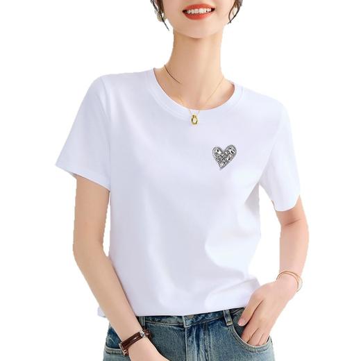 「自」全新升级【铂金会员109/天猫139/差价30】(99953)洛诗琳液氨丝光棉T恤2025夏季气质正肩显瘦镶钻爱心短袖上衣 商品图4