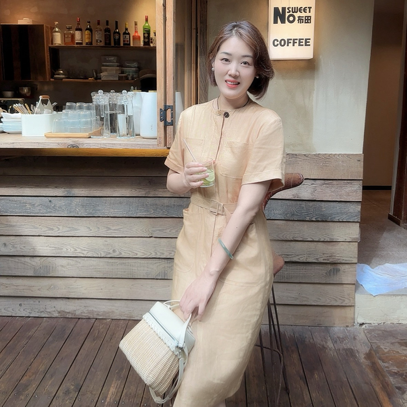 火桐hooton 高定系列 普洱氤氲 斜纹汉麻及膝连衣裙ZB9010