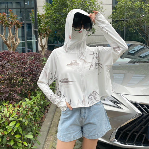 雀说夏季国风墨竹短款印花防晒衣冰丝连帽透气防晒服户外运动防晒外套ALF015 商品图9