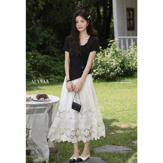 鹿向南「松香知茉」法式米杏色蕾丝拼接半身裙夏季女时尚优雅长裙L557126 商品图1