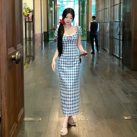 西遇格子泡泡袖连衣裙女夏季新款蝴蝶结蕾丝拼接法式收腰裙子SS050828/SS050829 商品图4