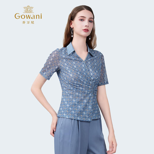 乔万尼2025夏季新品弹力印花V领短袖衬衫上衣ED2C430 商品图2