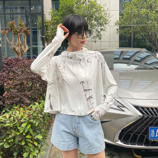 雀说夏季国风墨竹短款印花防晒衣冰丝连帽透气防晒服户外运动防晒外套ALF015 商品图8