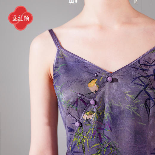 逸红颜馨竹2025夏新款竹禽图刮浆包边工艺汉服新中式吊带连衣裙女 商品图3