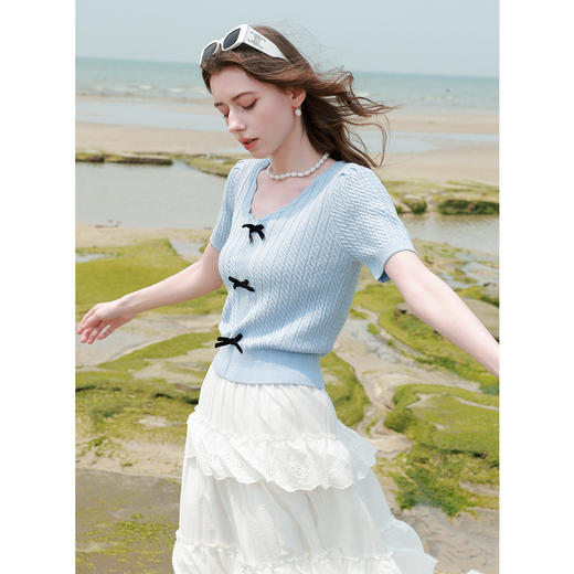 三彩2025夏季新款休闲蝴蝶结针织衫V领短袖小衫套头衫短款M 商品图3