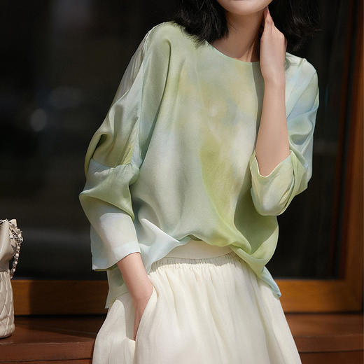 丁摩水墨晕染真丝双绉小衫桑蚕丝T恤圆领印花上衣AL4057 商品图0