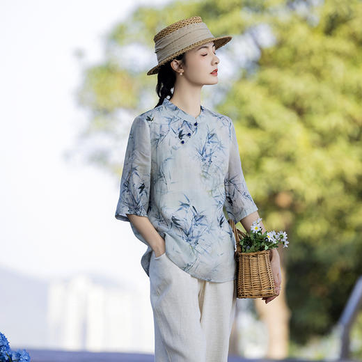 雀说中国风复古小众独特设计立领新中式斜襟盘扣衬衫苎麻印花上衣女AL96181 商品图2