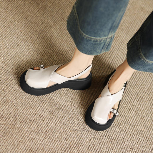 阿么手工女鞋新款机能风真皮凉鞋夏季包趾时尚一脚蹬厚底鞋子5CM 商品图4