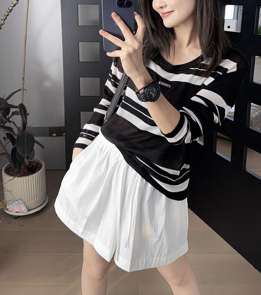 美洋黑白乐谱针织衫68支兰精天丝条纹防晒罩衫 商品图6