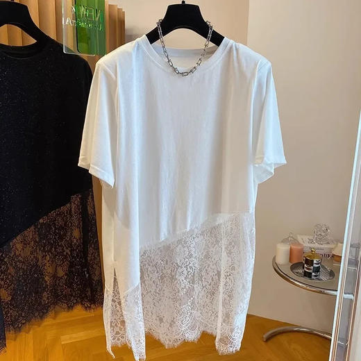 雀说夏季小众设计感网纱蕾丝拼接短袖女中长款T恤宽松外穿上衣AL 商品图3